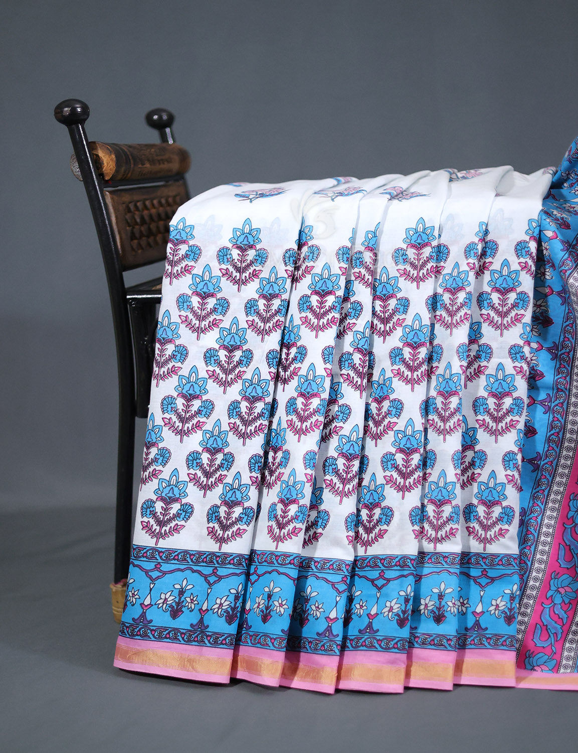 White And Cloud Blue Printed Cotton Sareecotton Saree-C569 By Gayathri Reddy Designer Studio