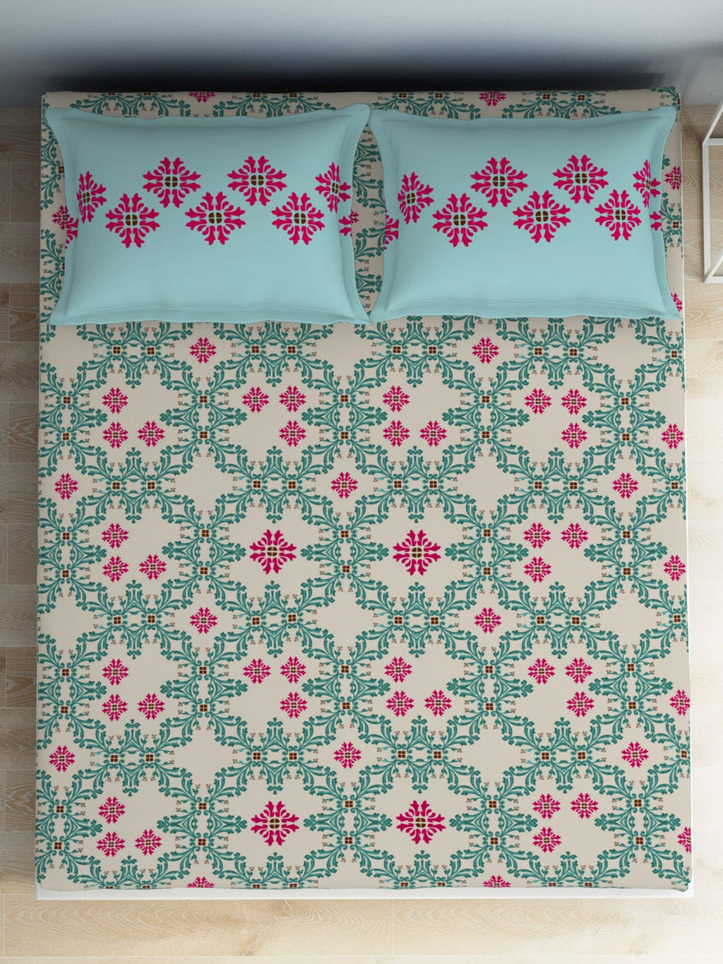 SPACES Aurum Blue Ethnic Motifs Pure Cotton 140 TC Queen Bedsheet With 2 Pillow Covers