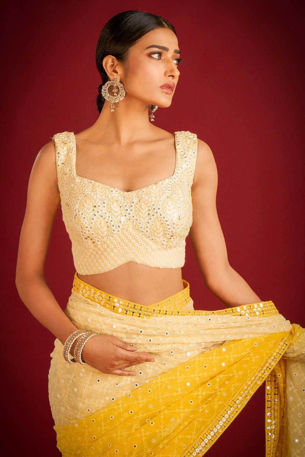 Teeya Creation Lemon Yellow Color Georgette Embroidery Work Saree - Distacart