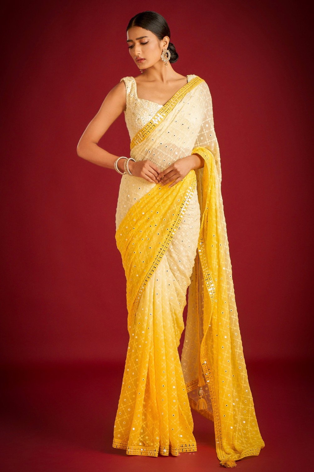 Teeya Creation Lemon Yellow Color Georgette Embroidery Work Saree - Distacart