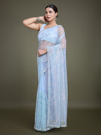 Monjolika Fashion Exclusive Women'S Light Sky Blue Soft Net SareeWith Sequin Work - Distacart