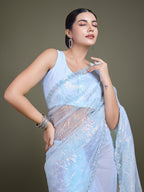 Monjolika Fashion Exclusive Women'S Light Sky Blue Soft Net SareeWith Sequin Work - Distacart
