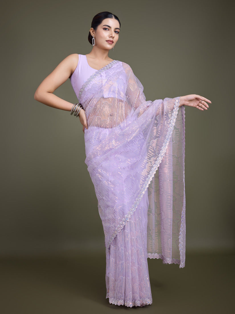 Monjolika Fashion Exclusive Women'S Lavender Soft Net SareeWith Sequin Work