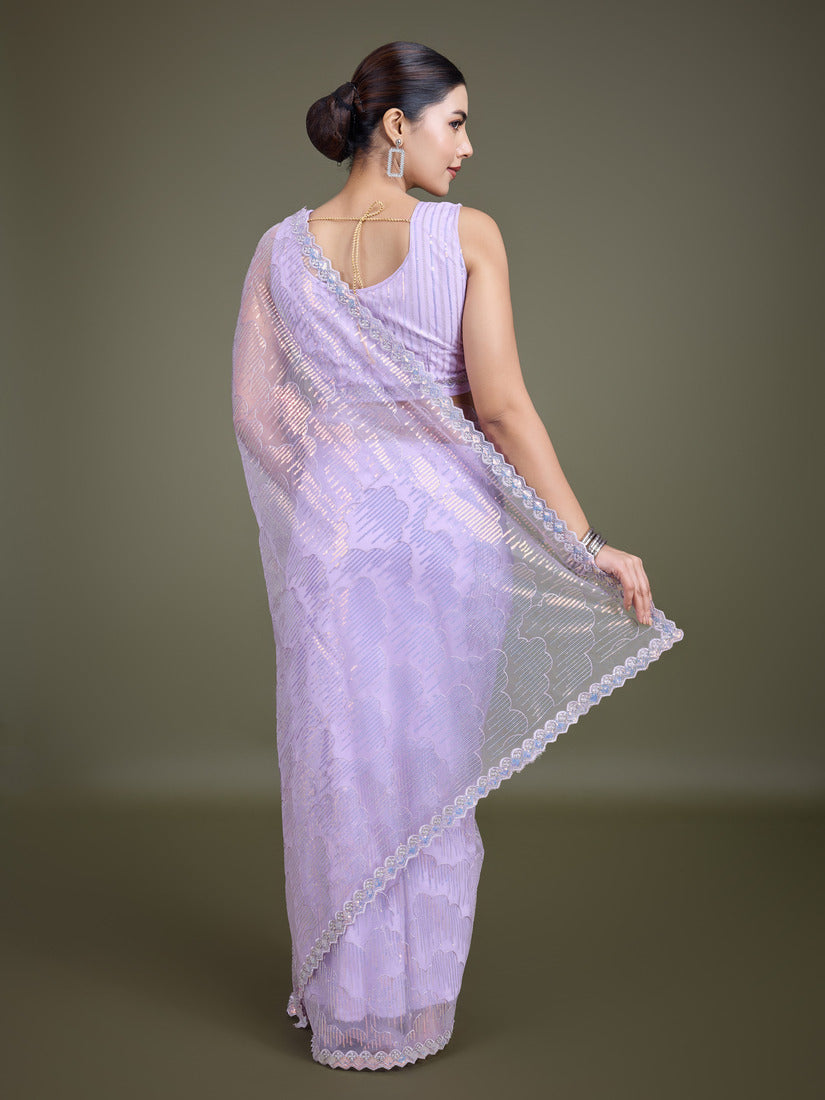 Monjolika Fashion Exclusive Women'S Lavender Soft Net SareeWith Sequin Work