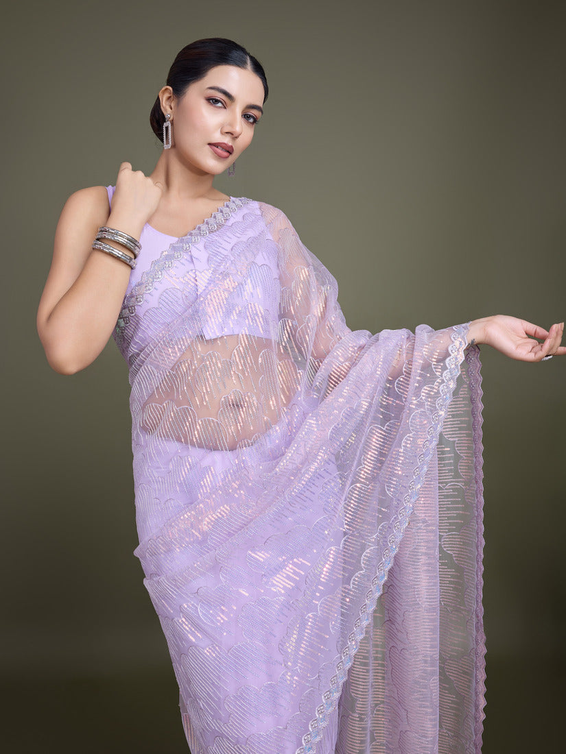 Monjolika Fashion Exclusive Women'S Lavender Soft Net SareeWith Sequin Work