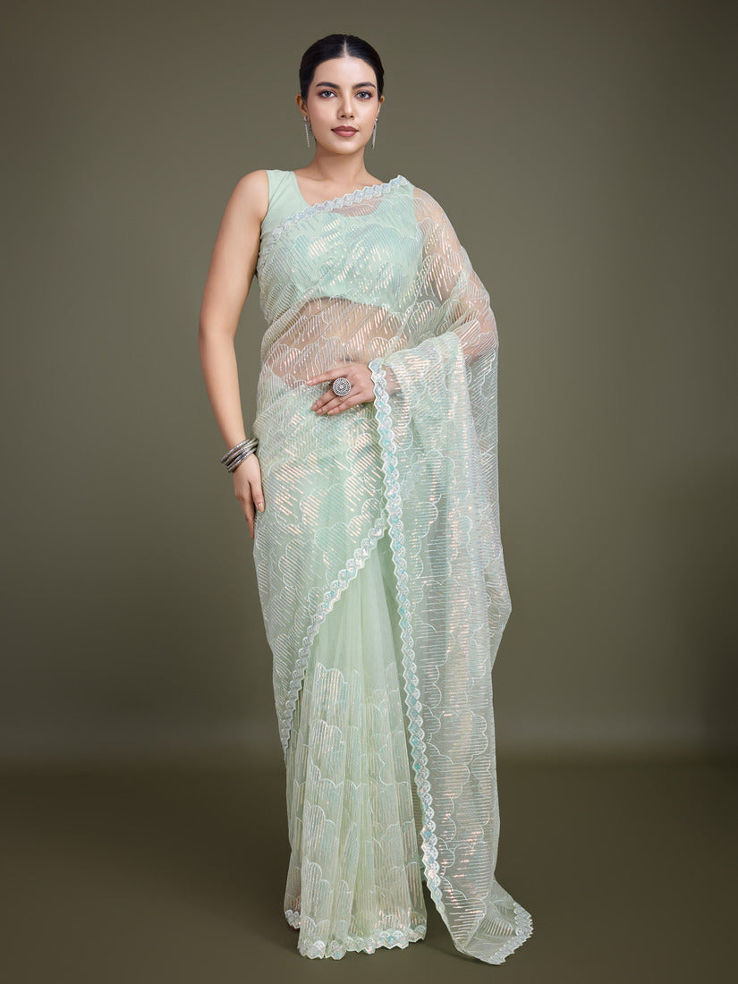 Monjolika Fashion Exclusive Women'S Light Green Soft Net SareeWith Sequin Work