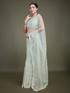 Monjolika Fashion Exclusive Women'S Light Green Soft Net SareeWith Sequin Work