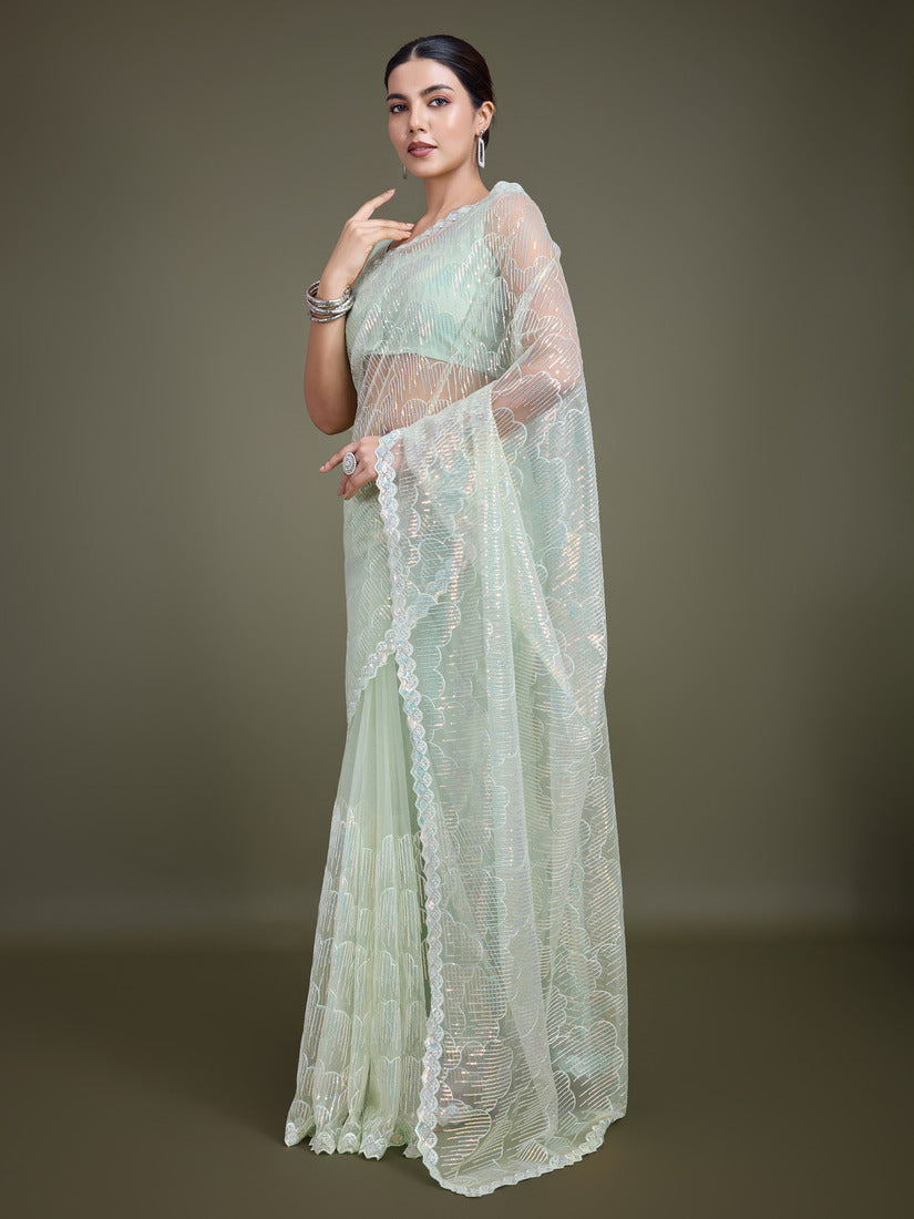 Monjolika Fashion Exclusive Women'S Light Green Soft Net SareeWith Sequin Work