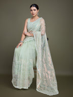 Monjolika Fashion Exclusive Women'S Light Green Soft Net SareeWith Sequin Work