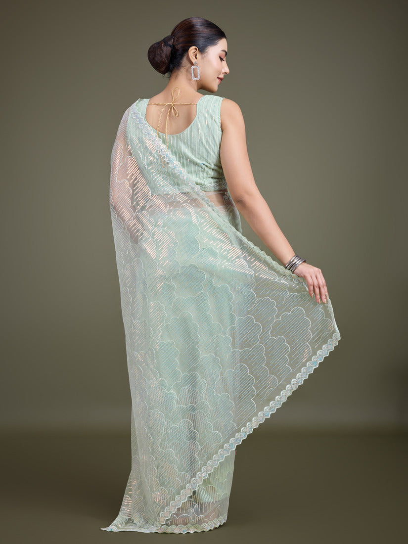 Monjolika Fashion Exclusive Women'S Light Green Soft Net SareeWith Sequin Work