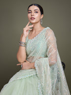 Monjolika Fashion Exclusive Women'S Light Green Soft Net SareeWith Sequin Work
