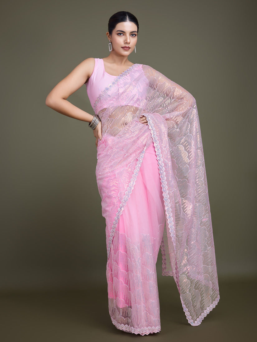 Monjolika Fashion Exclusive Women'S Light Pink Soft Net SareeWith Sequin Work - Distacart