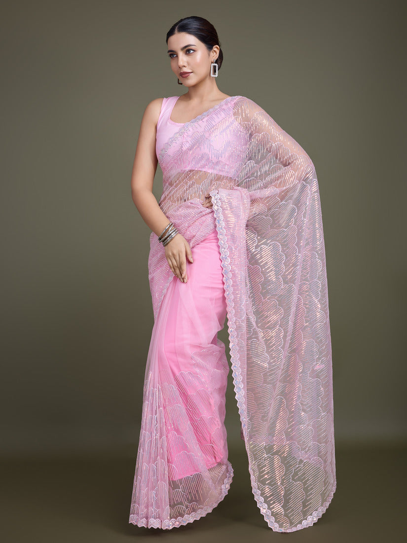 Monjolika Fashion Exclusive Women'S Light Pink Soft Net SareeWith Sequin Work - Distacart