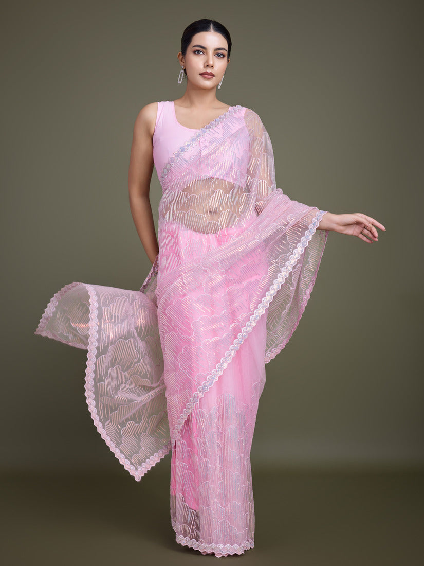 Monjolika Fashion Exclusive Women'S Light Pink Soft Net SareeWith Sequin Work - Distacart