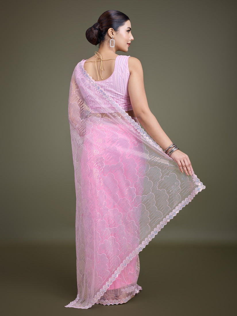 Monjolika Fashion Exclusive Women'S Light Pink Soft Net SareeWith Sequin Work - Distacart