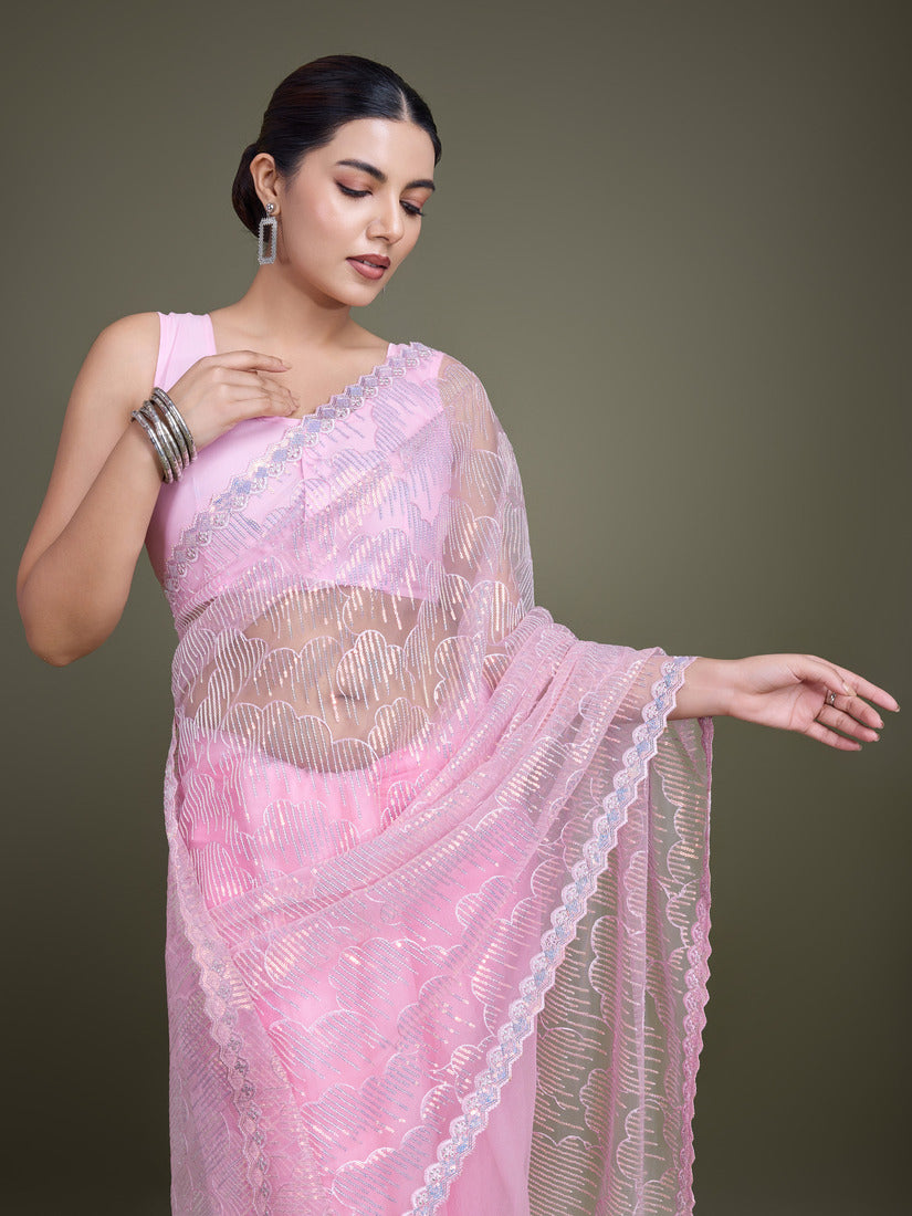 Monjolika Fashion Exclusive Women'S Light Pink Soft Net SareeWith Sequin Work - Distacart