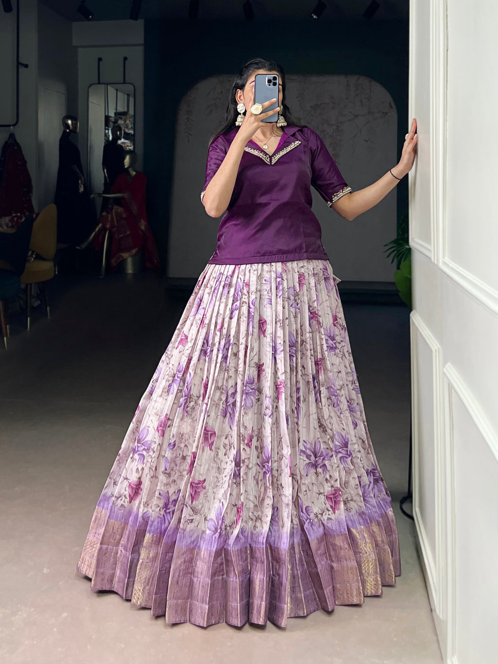 Lorenvalley Fashion Purple Dola Chex Floral Printed With Zari Weaving Work Lehenga Choli - Distacart
