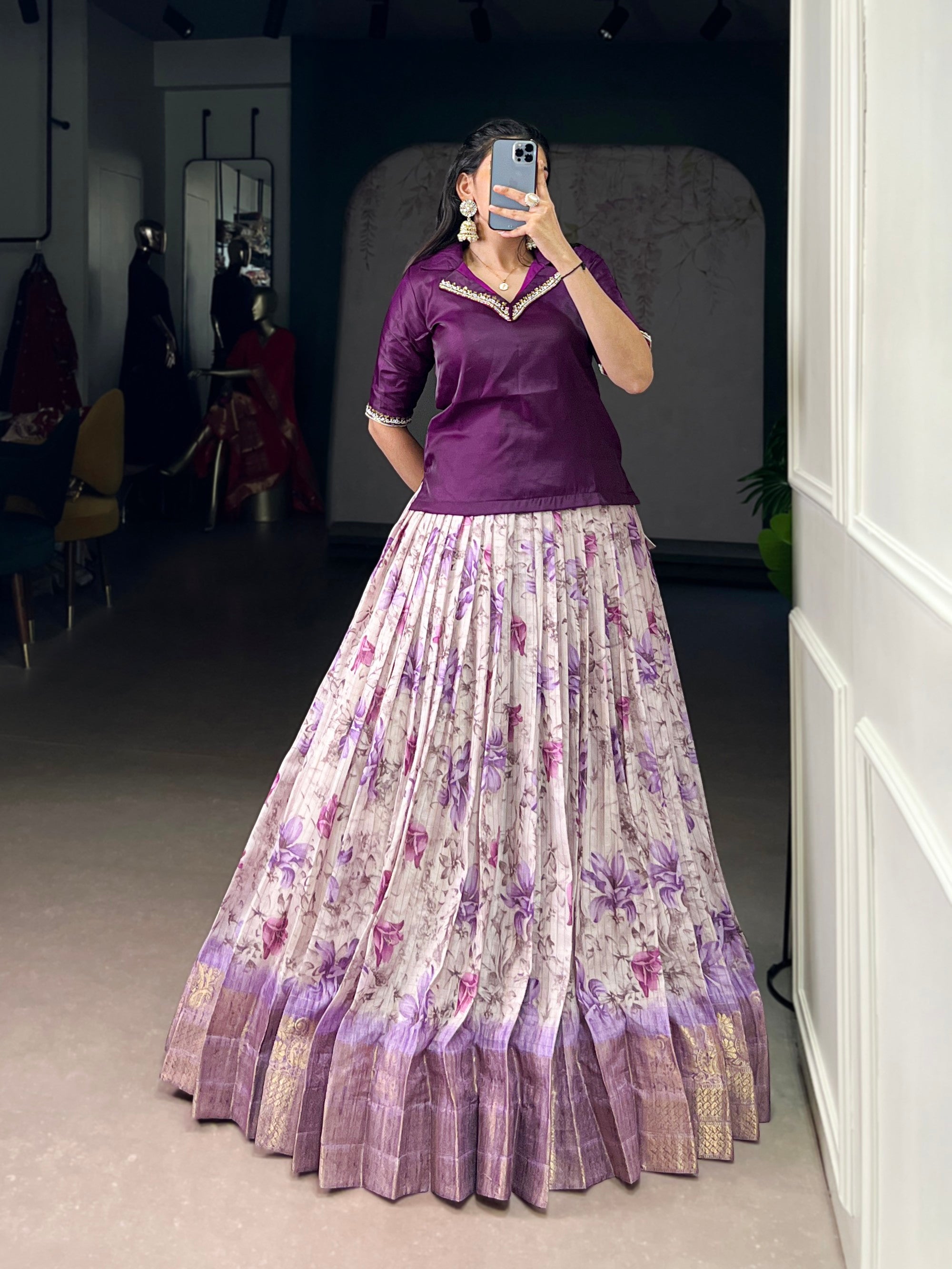 Lorenvalley Fashion Purple Dola Chex Floral Printed With Zari Weaving Work Lehenga Choli - Distacart