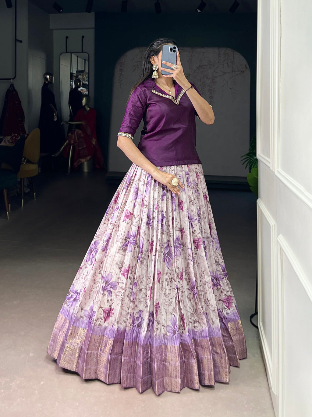 Lorenvalley Fashion Purple Dola Chex Floral Printed With Zari Weaving Work Lehenga Choli - Distacart