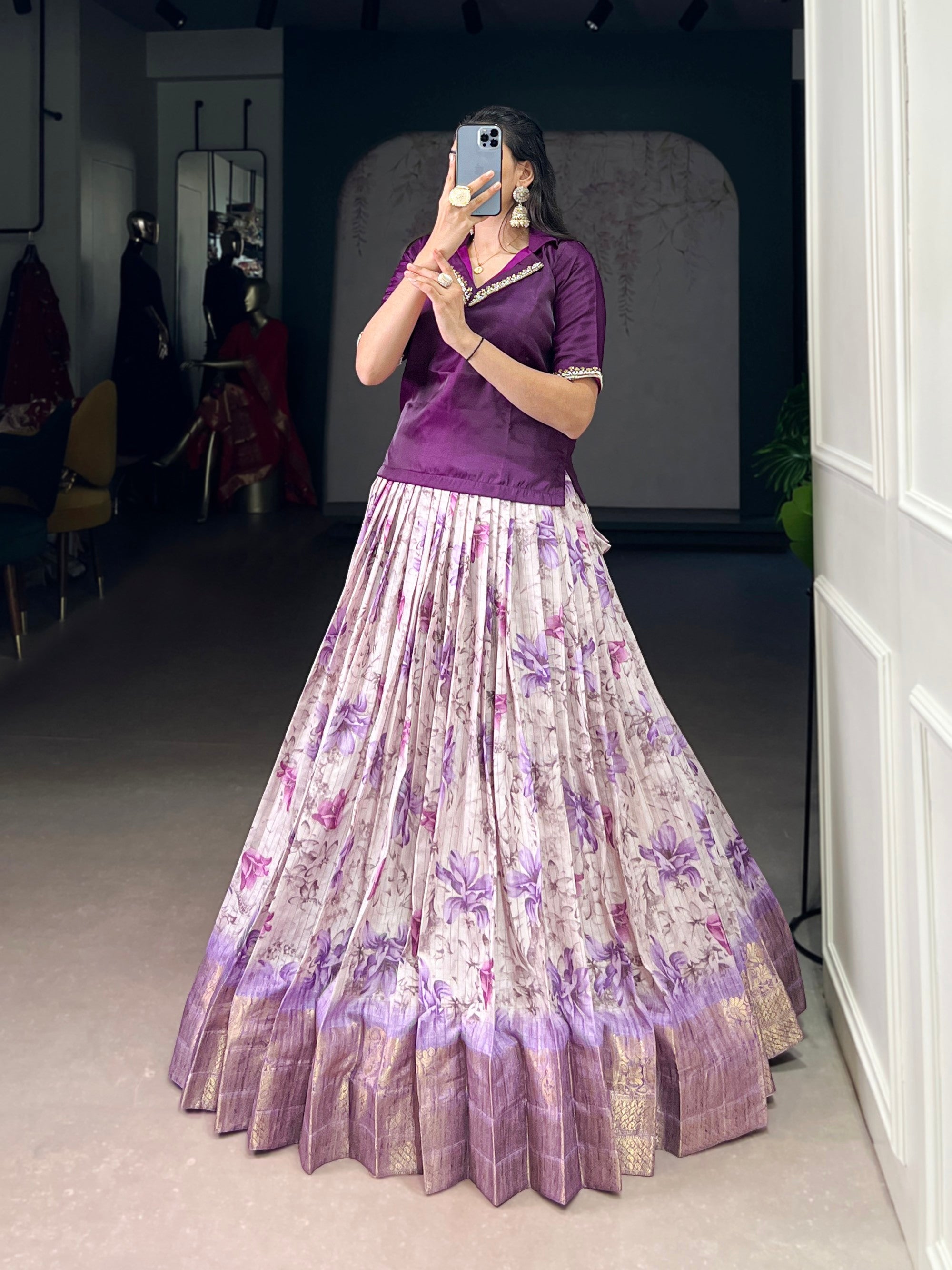 Lorenvalley Fashion Purple Dola Chex Floral Printed With Zari Weaving Work Lehenga Choli - Distacart