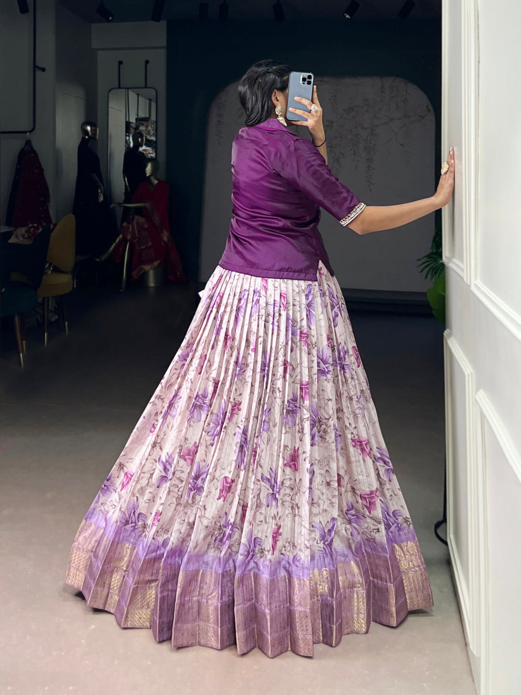 Lorenvalley Fashion Purple Dola Chex Floral Printed With Zari Weaving Work Lehenga Choli - Distacart