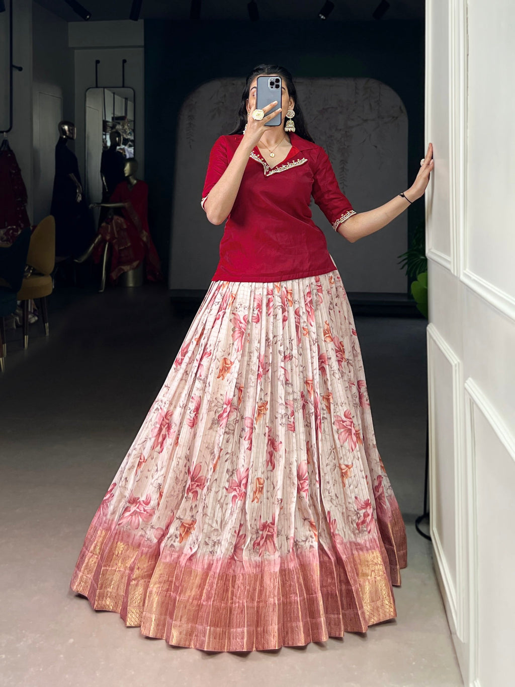Lorenvalley Fashion Red Dola Chex Floral Printed With Zari Weaving Work Lehenga Choli - Distacart