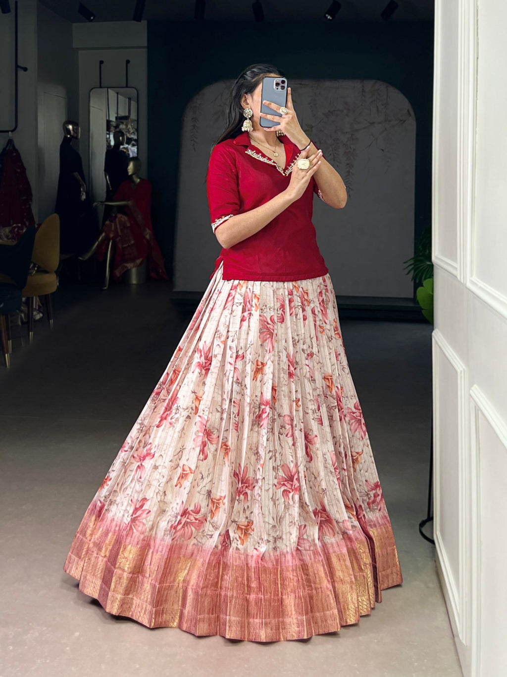 Lorenvalley Fashion Red Dola Chex Floral Printed With Zari Weaving Work Lehenga Choli - Distacart