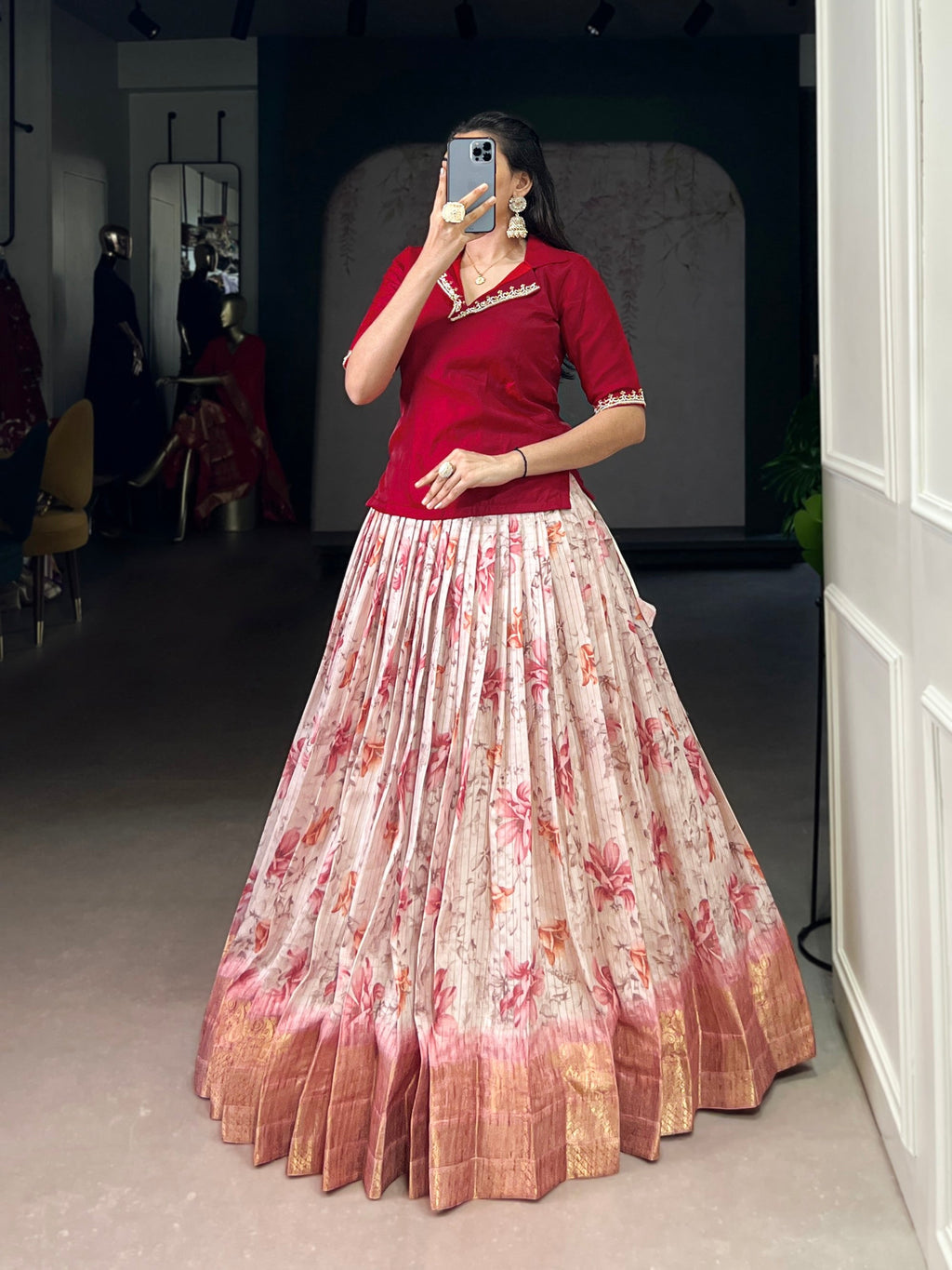 Lorenvalley Fashion Red Dola Chex Floral Printed With Zari Weaving Work Lehenga Choli - Distacart