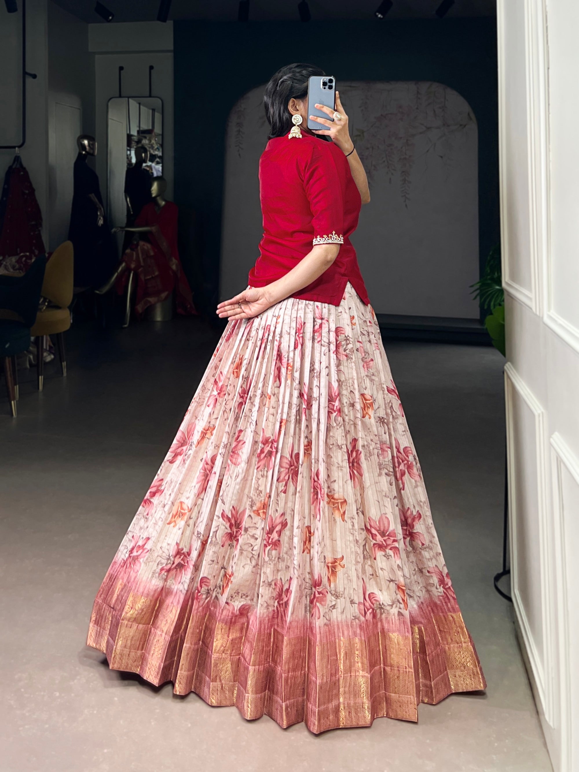 Lorenvalley Fashion Red Dola Chex Floral Printed With Zari Weaving Work Lehenga Choli - Distacart