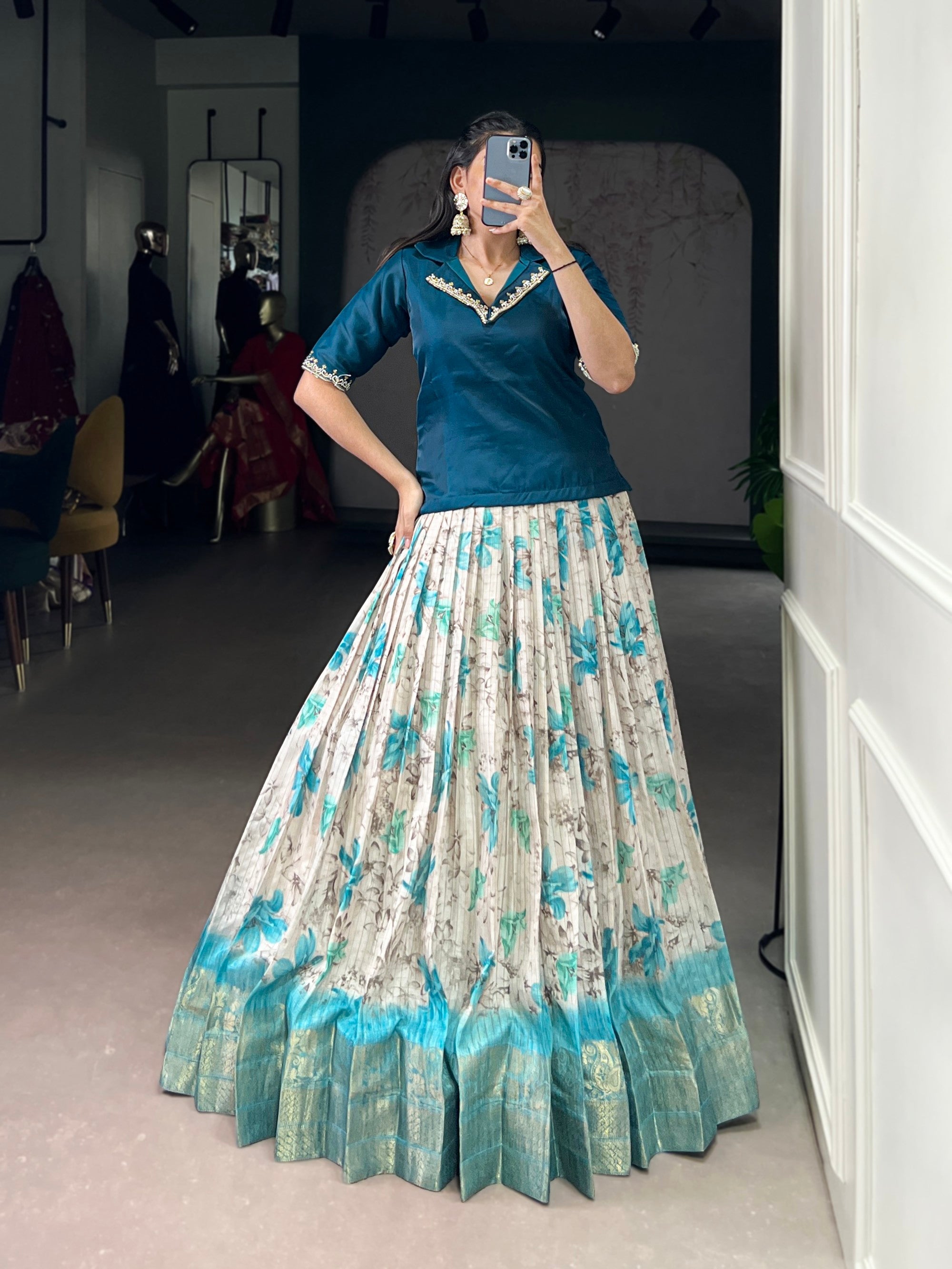 Lorenvalley Fashion Teal Dola Chex Floral Printed With Zari Weaving Work Lehenga Choli - Distacart
