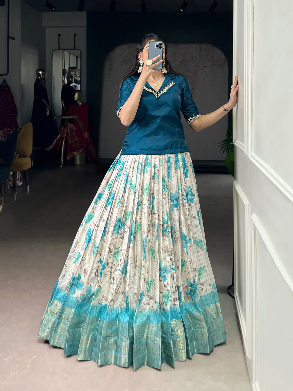 Lorenvalley Fashion Teal Dola Chex Floral Printed With Zari Weaving Work Lehenga Choli - Distacart