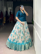Lorenvalley Fashion Teal Dola Chex Floral Printed With Zari Weaving Work Lehenga Choli - Distacart