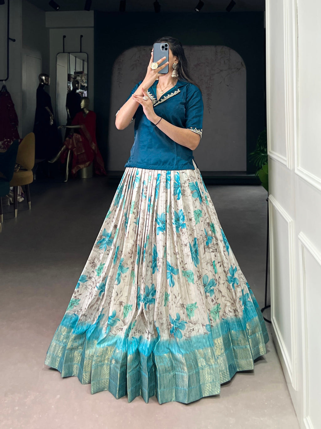 Lorenvalley Fashion Teal Dola Chex Floral Printed With Zari Weaving Work Lehenga Choli - Distacart