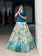 Lorenvalley Fashion Teal Dola Chex Floral Printed With Zari Weaving Work Lehenga Choli - Distacart