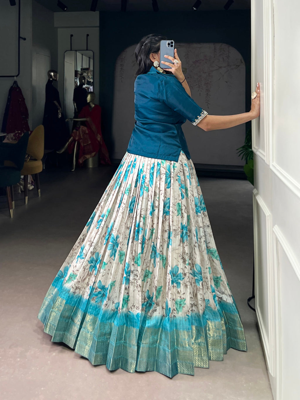 Lorenvalley Fashion Teal Dola Chex Floral Printed With Zari Weaving Work Lehenga Choli - Distacart