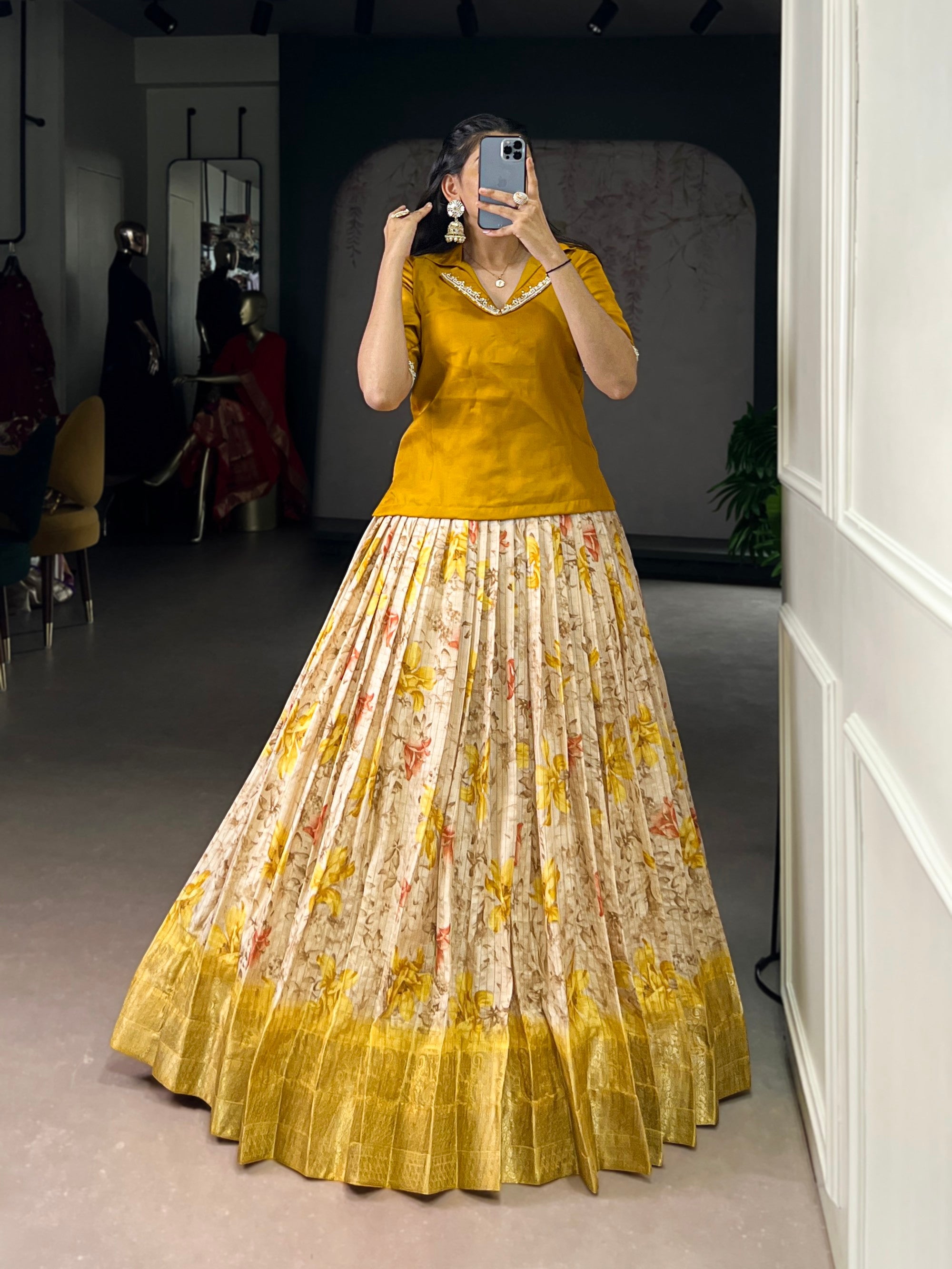 Lorenvalley Fashion Yellow Dola Chex Floral Printed With Zari Weaving Work Lehenga Choli - Distacart