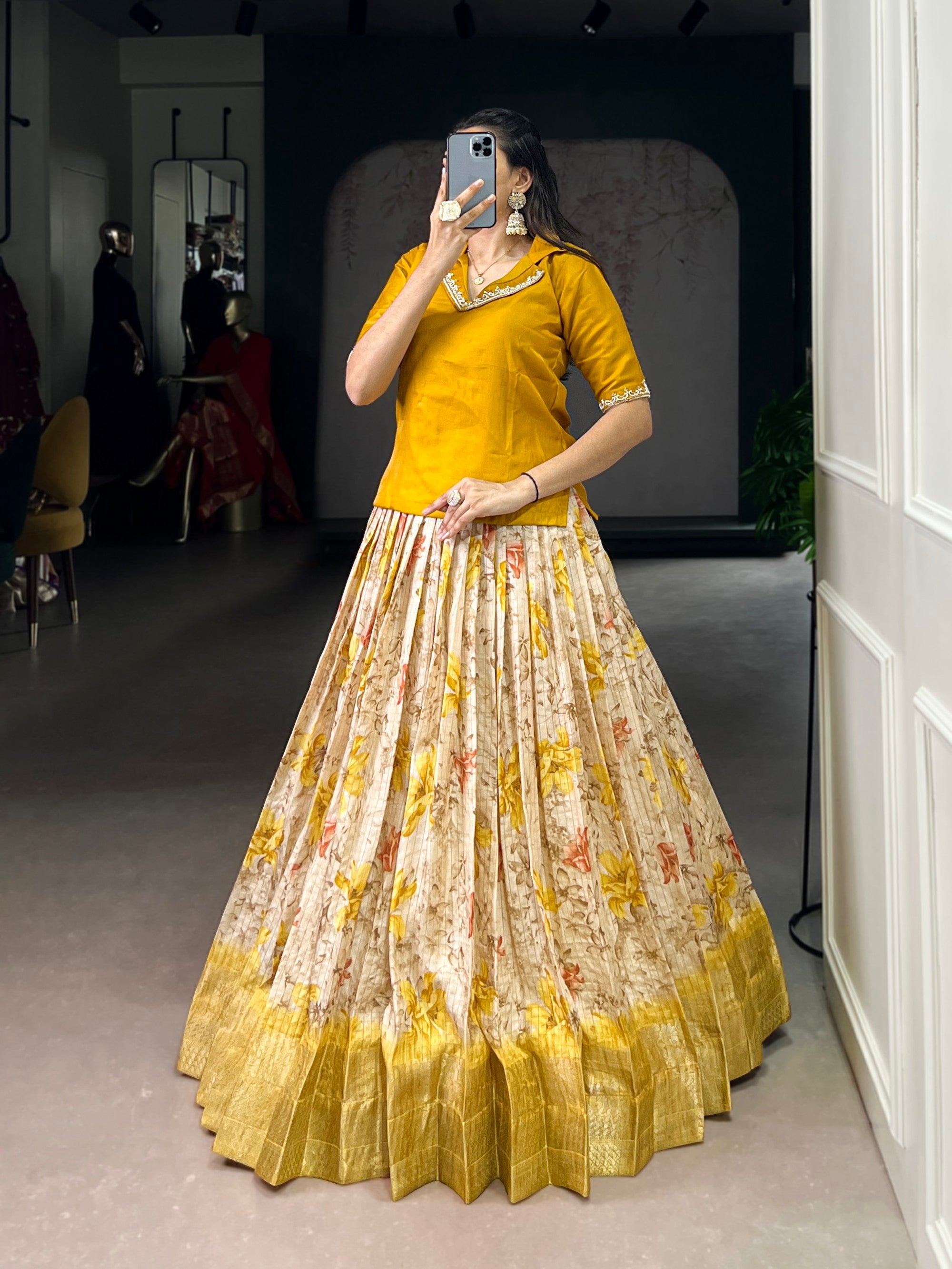 Lorenvalley Fashion Yellow Dola Chex Floral Printed With Zari Weaving Work Lehenga Choli - Distacart