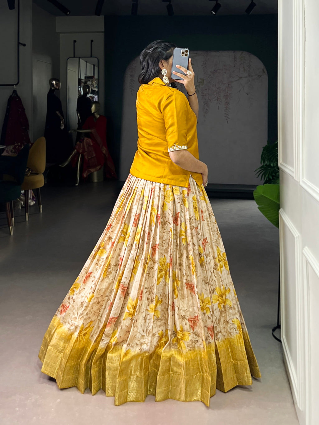 Lorenvalley Fashion Yellow Dola Chex Floral Printed With Zari Weaving Work Lehenga Choli - Distacart