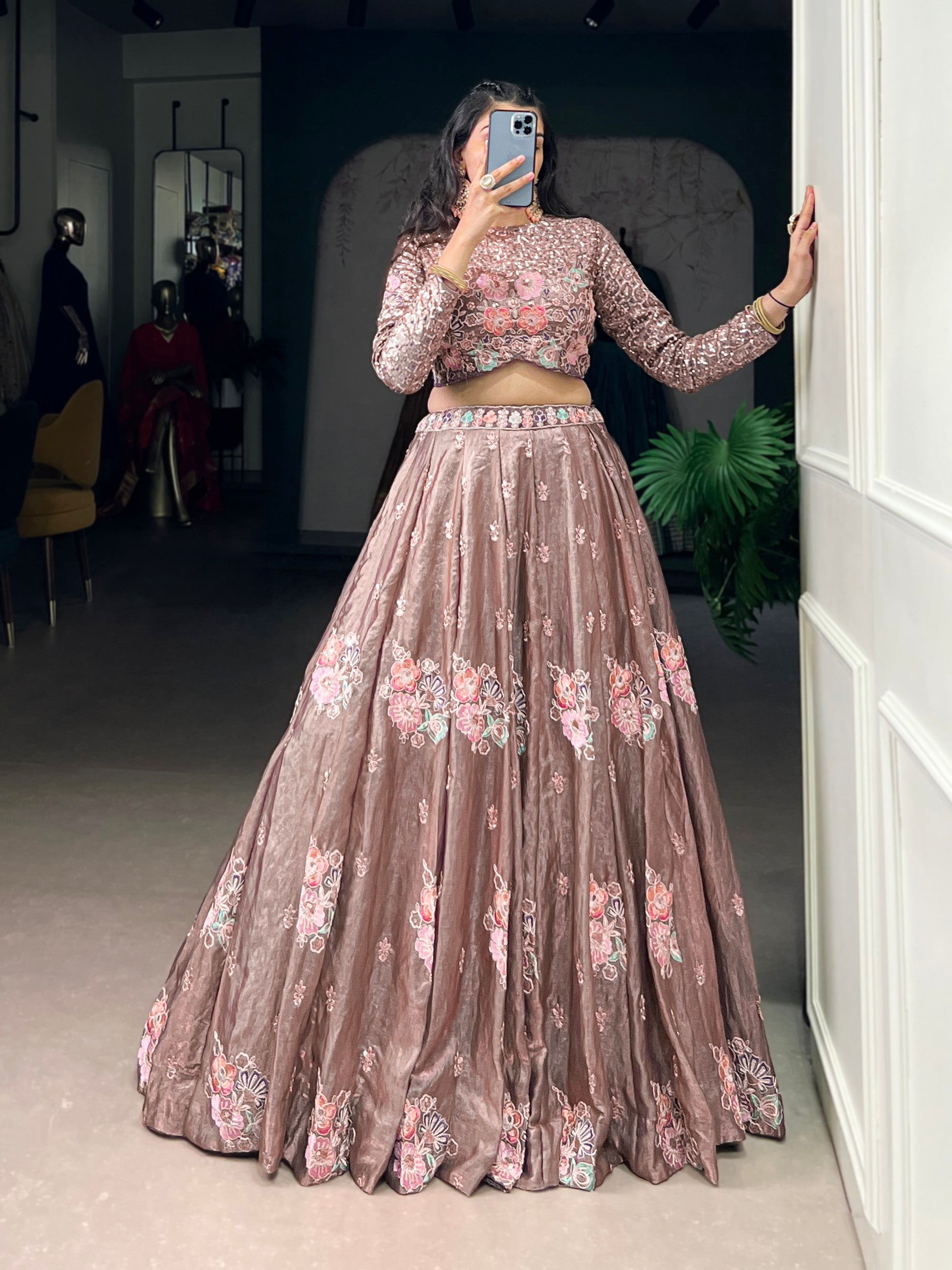 Lorenvalley Fashion Onionpink Fendy Silk Sequins and Thread Embroidery Work Lehenga Choli - Distacart
