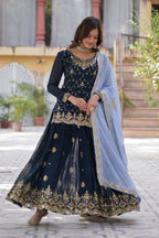 Vedant Vastram Heavy Embroidery & Sequins Work Pure Georgette Kurti Plazo Set With Dupatta - Blue - Distacart