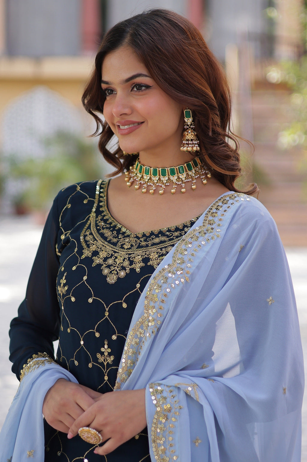 Vedant Vastram Heavy Embroidery & Sequins Work Pure Georgette Kurti Plazo Set With Dupatta - Blue - Distacart