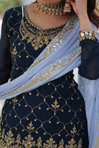 Vedant Vastram Heavy Embroidery & Sequins Work Pure Georgette Kurti Plazo Set With Dupatta - Blue - Distacart