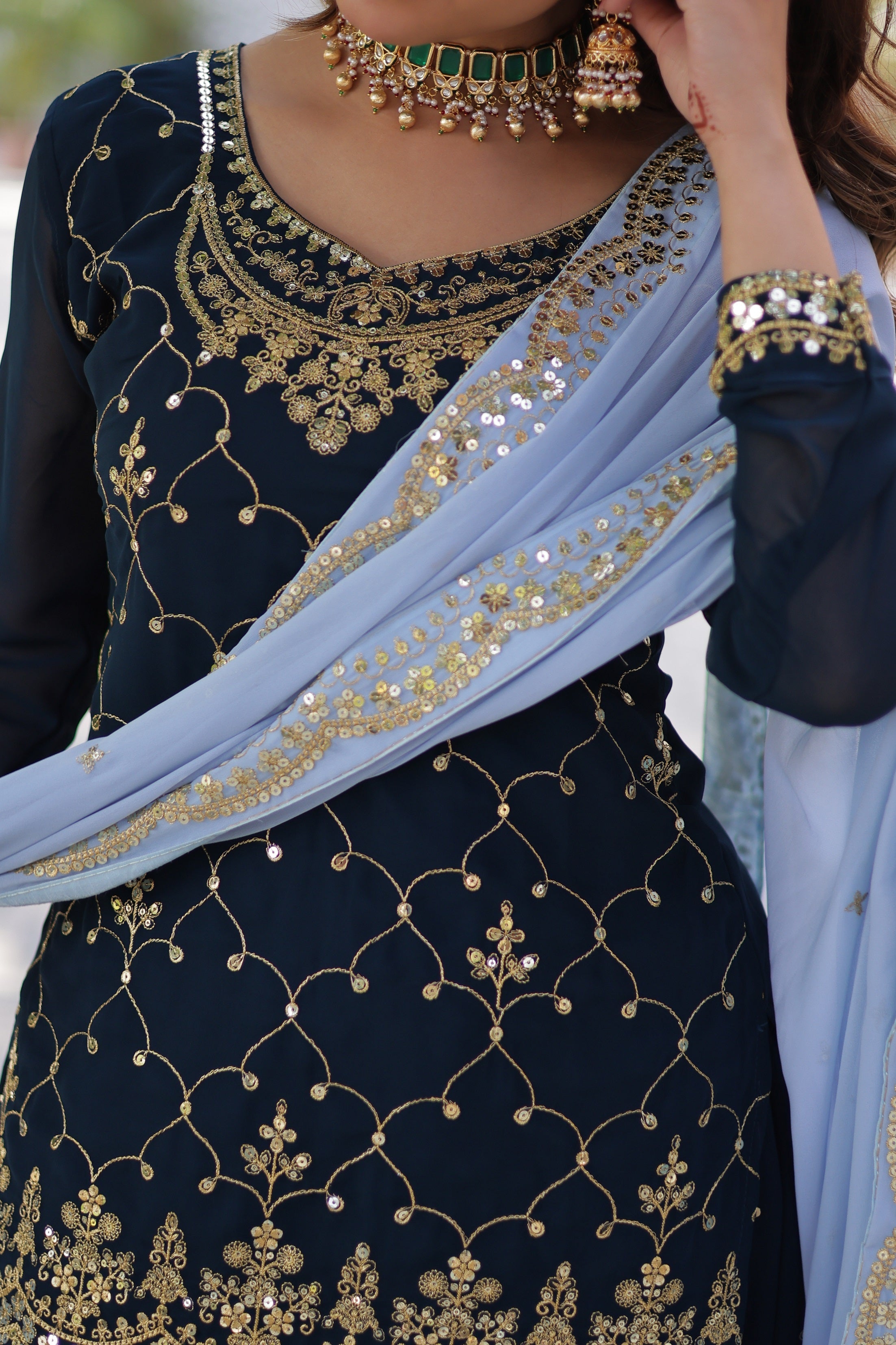 Vedant Vastram Heavy Embroidery & Sequins Work Pure Georgette Kurti Plazo Set With Dupatta - Blue - Distacart