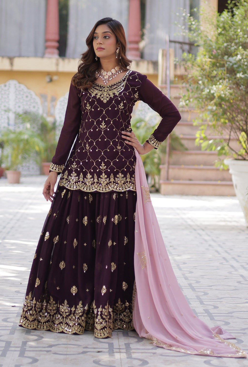 Vedant Vastram Heavy Embroidery & Sequins Work Pure Georgette Kurti Plazo Set With Dupatta - Wine - Distacart