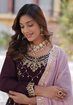 Vedant Vastram Heavy Embroidery & Sequins Work Pure Georgette Kurti Plazo Set With Dupatta - Wine - Distacart