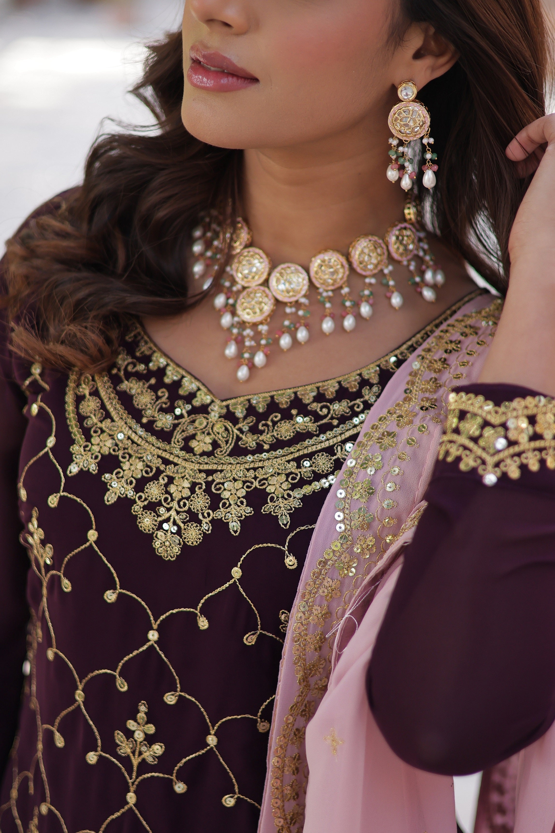 Vedant Vastram Heavy Embroidery & Sequins Work Pure Georgette Kurti Plazo Set With Dupatta - Wine - Distacart