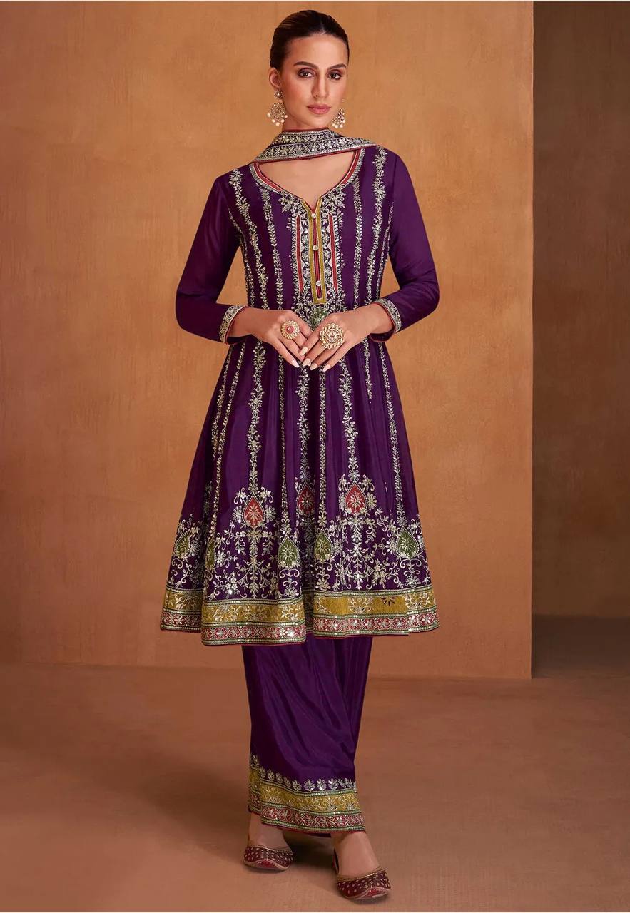 Lorenvalley Purple Chinon Embroidery With Sequince Work Salwar Kameez Stitched