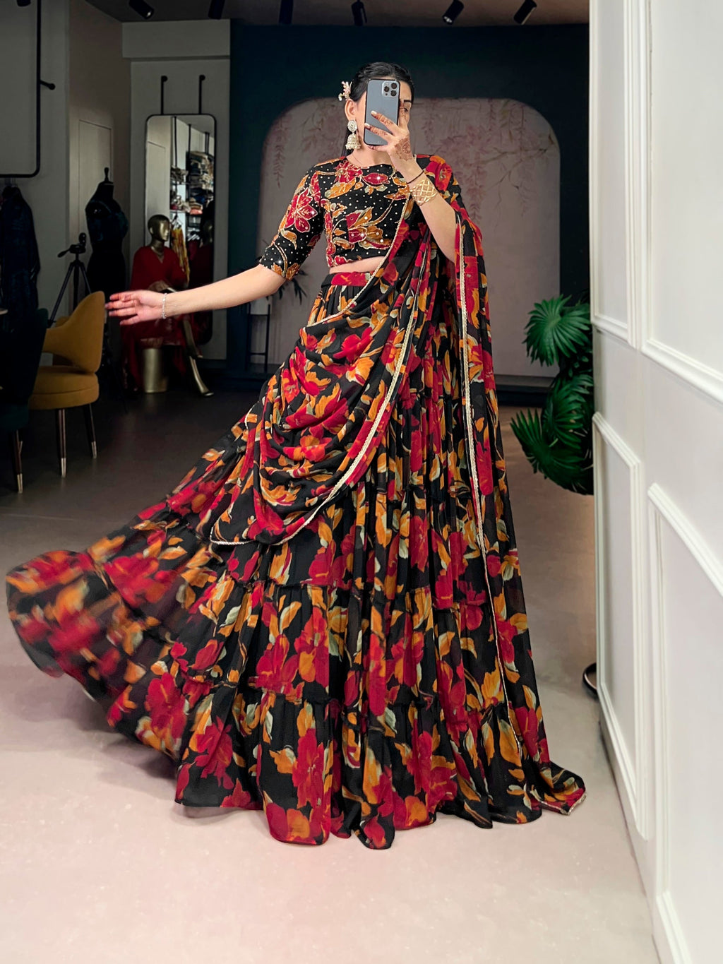 Lorenvalley Fashion Multicolor Marble Floral Printed Lehenga Choli with Dupatta - Distacart