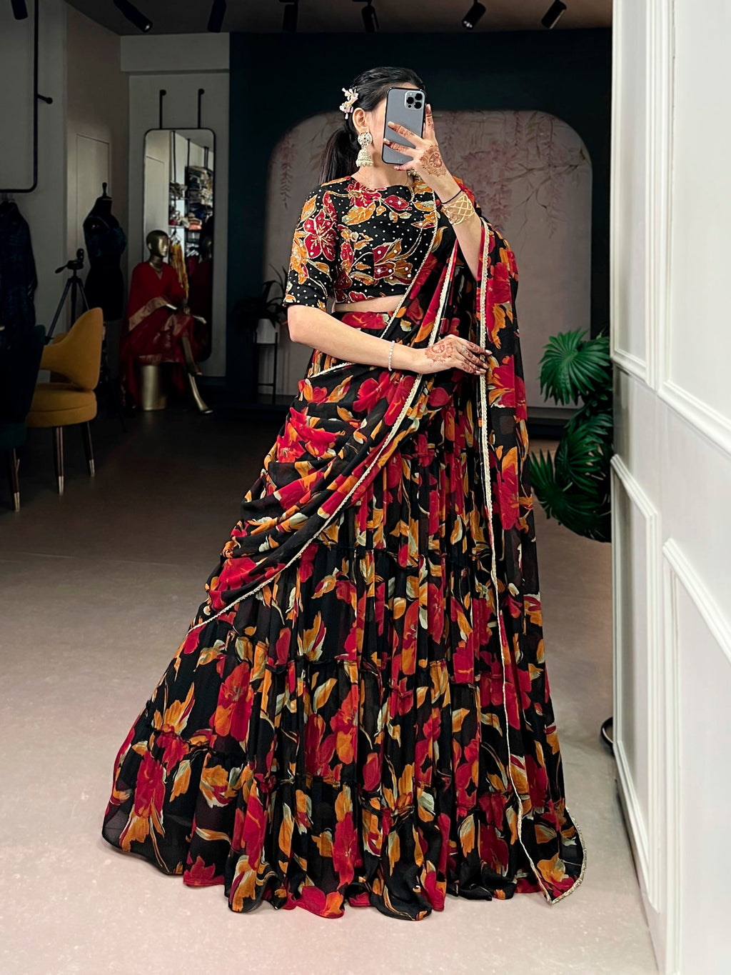 Lorenvalley Fashion Multicolor Marble Floral Printed Lehenga Choli with Dupatta - Distacart