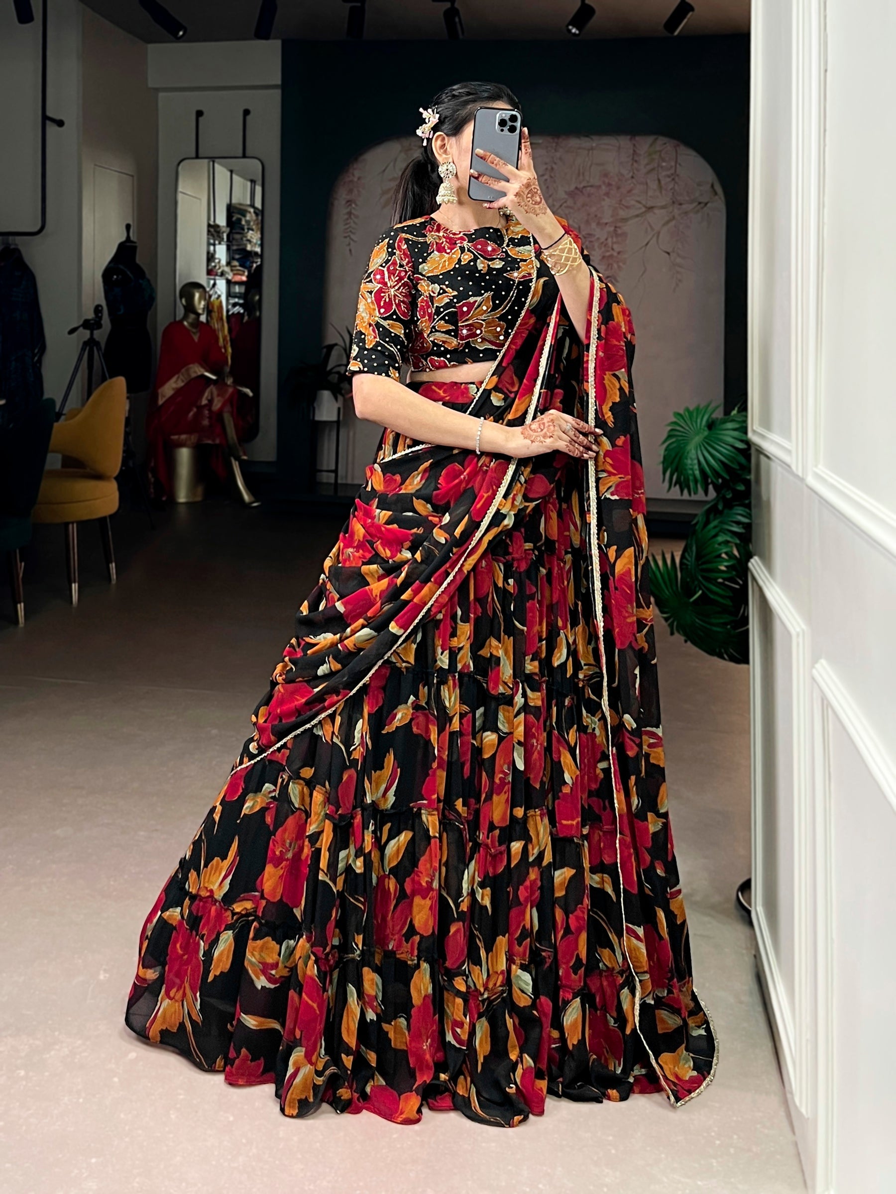 Lorenvalley Fashion Multicolor Marble Floral Printed Lehenga Choli with Dupatta - Distacart